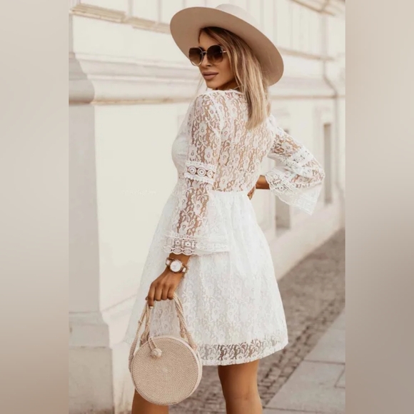 LAST ONE! Boho White Lace V Neck Mini Dress - Picture 2 of 4